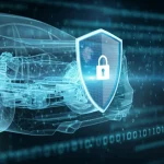 Concetto futuristico di sicurezza automobilistica: uno scudo energetico digitale blu brillante generato dall'intelligenza artificiale che protegge la rete CAN bus stilizzata all'interno di un'auto moderna trasparente, obiettivo grandangolare 24mm, sfondo scuro high-tech con linee di codice binarie sfocate, illuminazione drammatica che enfatizza lo scudo protettivo.