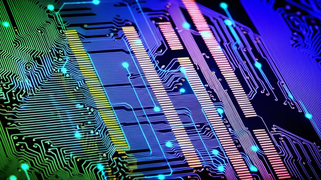 Fotografia macro fotorealistica, obiettivo macro 100mm, focalizzata sulle intricate interconnessioni di un moderno chip di silicio, con linee luminose sovrapposte in blu e verde che rappresentano i percorsi di feedback alternati di un Generatore ad Anello Ibrido, high detail, controlled lighting.