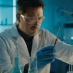 Fotografia realistica di un ricercatore che analizza campioni di DNA in un laboratorio moderno, con sullo sfondo un'immagine sfocata della foresta amazzonica. Obiettivo prime 35mm, profondità di campo, illuminazione controllata, toni naturali.