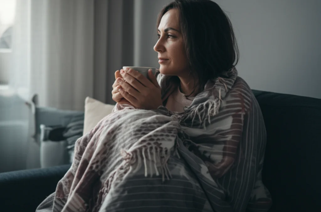 Fotografia stile reportage, una donna seduta comodamente su un divano, avvolta in una coperta morbida, tiene una tazza calda tra le mani, guarda fuori dalla finestra con un'espressione serena ma consapevole, luce naturale morbida, 35mm, profondità di campo, colori tenui, rappresentando il concetto di autogestione e benessere a casa per l'endometriosi.