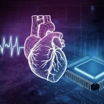 Immagine concettuale che mostra un cuore umano stilizzato con segnali ECG digitali che emanano da esso, sovrapposti a un chip di intelligenza artificiale luminoso, sfondo tecnologico scuro, alta definizione, obiettivo 35mm.