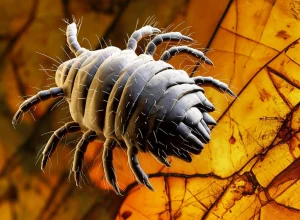 Immagine fotorealistica di un acaro fossile Protacarus crani del Devoniano, ricostruito digitalmente con dettagli microscopici e posizionato su una sezione traslucida e ambrata di Rhynie Chert. Dettagli macro, focale 105mm, illuminazione drammatica laterale per evidenziare le strutture segmentate dell'acaro e la texture antica della roccia circostante.