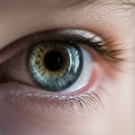 Immagine fotorealistica di un occhio di bambino che riflette uno schermo di computer con grafici e testo sull'intelligenza artificiale e la miopia, obiettivo macro 100mm, alta definizione, messa a fuoco precisa sull'iride, luce ambientale morbida.