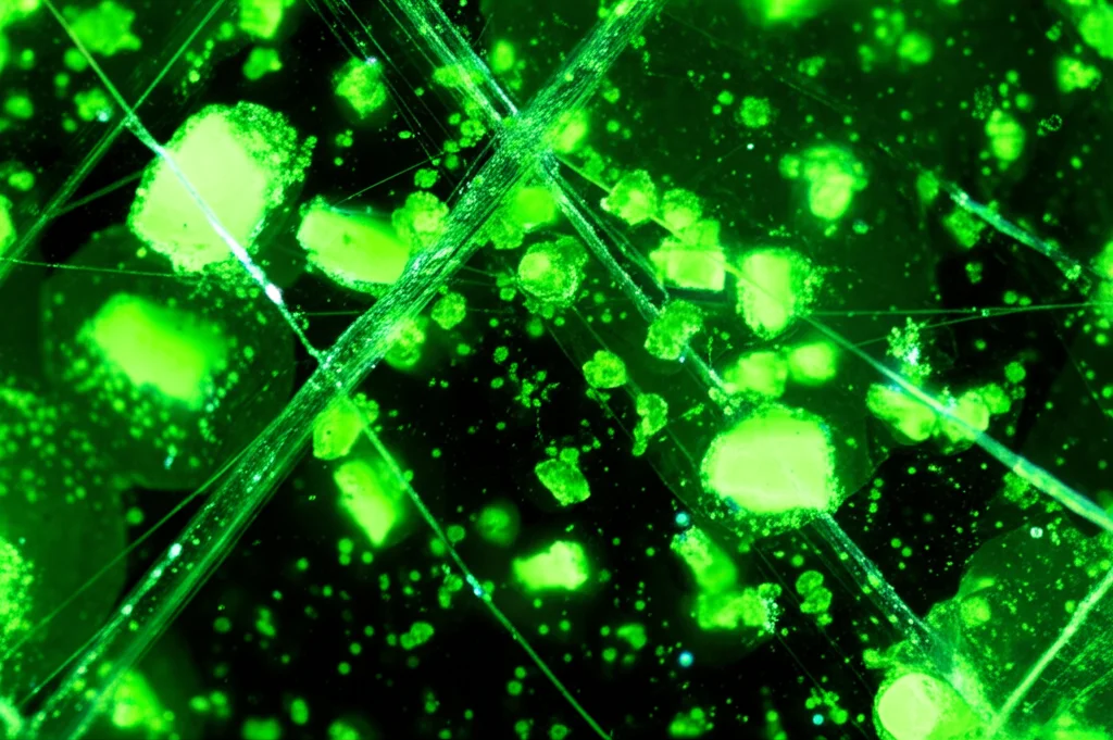 Immagine fotorealistica di un scintillatore plastico complesso stampato in 3D tramite stereolitografia, con microparticelle di perovskite Cs4PbBr6 incorporate visibili nella matrice polimerica trasparente, illuminato da luce UV viola che ne rivela la luminescenza verde brillante. Obiettivo macro 70mm, alta definizione, messa a fuoco precisa sulla struttura interna, illuminazione drammatica laterale.