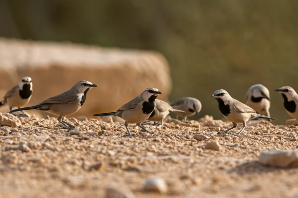 Ritratto fotografico di un gruppo di garruli arabi (Argya squamiceps) che interagiscono socialmente a terra nel loro habitat desertico naturale vicino a un villaggio israeliano sullo sfondo. Obiettivo 50mm, profondità di campo media per mostrare sia gli uccelli in primo piano che il contesto. Luce naturale del mattino.