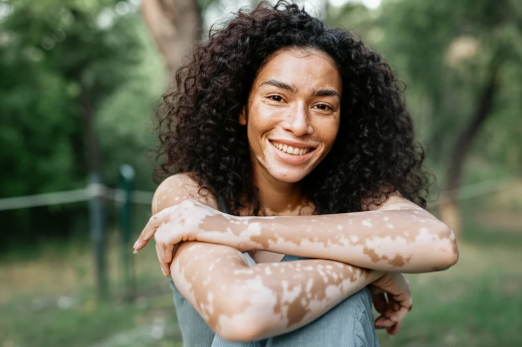 Ritratto fotografico di una donna sorridente con vitiligine visibile sul viso e sulle braccia, ambientazione esterna con luce naturale diffusa, obiettivo 35mm, profondità di campo media, espressione di accettazione e serenità.