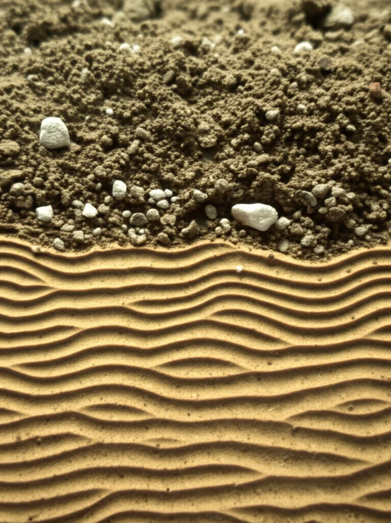 Sezione trasversale del suolo che mostra uno strato di sabbia liquefatta confinato tra strati di argilla durante un terremoto, con onde sismiche che lo attraversano. Macro lens, 60mm, high detail, controlled lighting, focus on sand/clay interface.