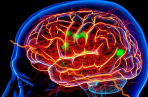Visualizzazione astratta del cervello umano con aree illuminate che rappresentano l'attività neurale post-ictus e un grafico sovrapposto che mostra l'andamento decrescente dell'indice CALLY associato a un aumento del rischio. Obiettivo grandangolare 24mm, lunga esposizione per scie luminose, focus nitido.