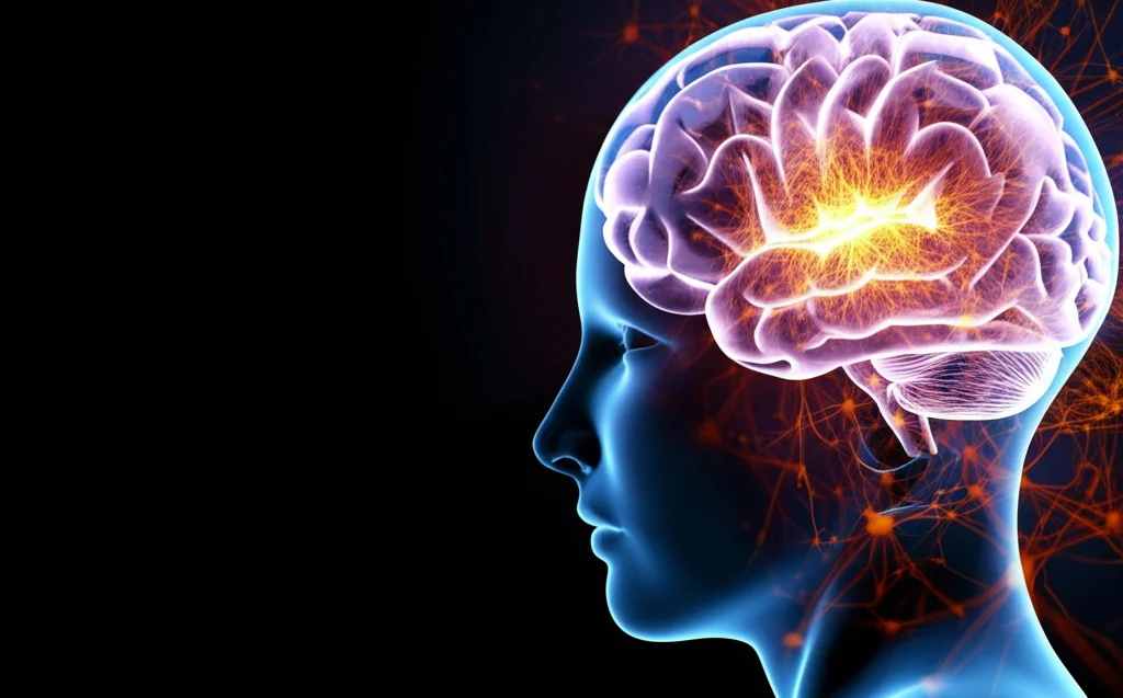 Visualizzazione astratta di dati medici e reti neurali sovrapposte a un'immagine stilizzata del cervello umano, simboleggiando l'applicazione del machine learning all'analisi dell'ictus e della nutrizione. Colori vibranti, focus nitido sulla rete neurale, obiettivo grandangolare 24mm.