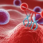Visualizzazione astratta ma scientificamente accurata del legame tra livelli di emoglobina glicata (HbA1c) e cellule del cancro al seno. Molecole di HbA1c stilizzate vicino a una rappresentazione 3D di cellule tumorali. Obiettivo macro 100mm, illuminazione da studio controllata, alto dettaglio.