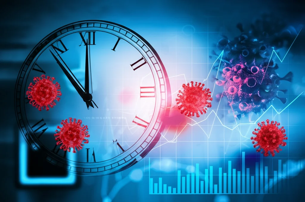 Visualizzazione concettuale dell'impatto della temporalità sui modelli predittivi COVID-19. Un orologio stilizzato si sovrappone a grafici di dati medici e a rappresentazioni astratte del virus SARS-CoV-2 che muta nel tempo. Illuminazione drammatica, messa a fuoco selettiva sull'orologio, colori freddi (blu, grigio) con accenti rossi per indicare il rischio. Macro lens, 85mm.