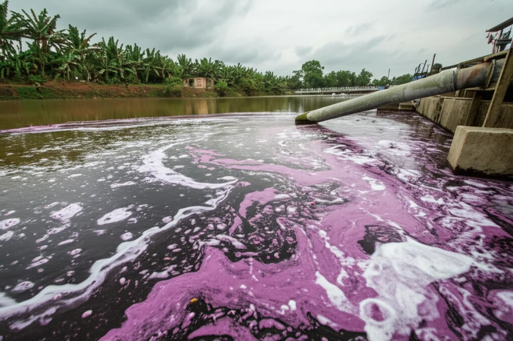 Acqua scura e visibilmente inquinata che scorre da uno scarico industriale tessile in un fiume del Bangladesh, fotografia paesaggistica, wide-angle 15mm, focus nitido sull'acqua inquinata e lo scarico, cielo nuvoloso.