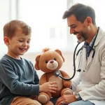 Fotografia realistica di un pediatra sorridente che interagisce con un bambino piccolo (circa 3 anni) durante una visita medica in uno studio luminoso. Il medico usa uno stetoscopio giocattolo sul peluche del bambino. Obiettivo 35mm, luce naturale da finestra, profondità di campo ridotta per mettere a fuoco l'interazione medico-bambino, toni caldi.