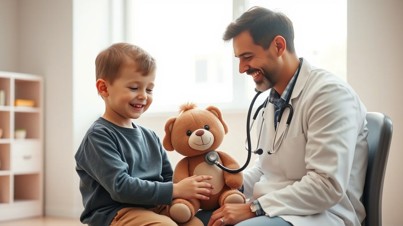 Fotografia realistica di un pediatra sorridente che interagisce con un bambino piccolo (circa 3 anni) durante una visita medica in uno studio luminoso. Il medico usa uno stetoscopio giocattolo sul peluche del bambino. Obiettivo 35mm, luce naturale da finestra, profondità di campo ridotta per mettere a fuoco l'interazione medico-bambino, toni caldi.