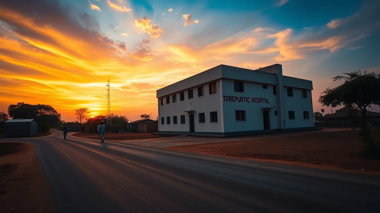 Fotografia realistica grandangolare di un ospedale pubblico nella regione Harari, Etiopia, al tramonto. L'edificio semplice ma funzionale si staglia contro un cielo caldo e colorato. In primo piano, una strada sterrata con alcune figure umane che camminano in lontananza, evocando il tema della distanza e dell'accesso alle cure. Obiettivo grandangolare 18mm, messa a fuoco nitida su tutto il paesaggio, lunga esposizione per catturare i colori del cielo.