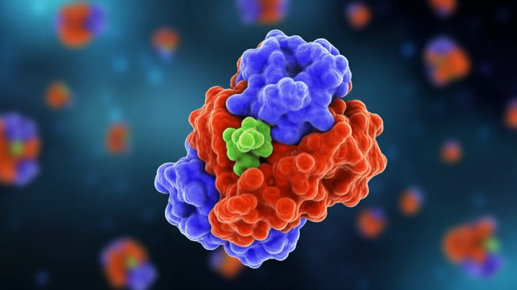 Illustrazione scientifica fotorealistica della proteina TDP-43 con un sito di fosforilazione (gruppo fosfato) evidenziato nel dominio N-terminale, fluttuante in un ambiente cellulare stilizzato. Macro lens 100mm, high detail, controlled lighting, profondità di campo per isolare la proteina e creare uno sfondo sfocato.