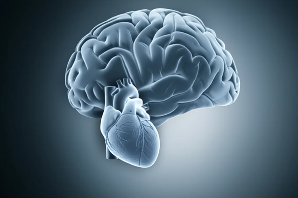 Immagine concettuale di un cervello umano con sovrapposta una valvola cardiaca TAVR stilizzata, aree cerebrali evidenziate a simboleggiare l'infarto silente, stile fotorealistico medico, illuminazione drammatica, obiettivo 35mm, duotone blu e grigio.