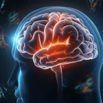 Immagine concettuale fotorealistica del cervello umano sezionato, con aree chiave come l'ippocampo e il giro frontale medio evidenziate da una luce interna. Sovrapposizione di strutture proteiche astratte simili a TDP-43 (filamenti aggrovigliati). Illuminazione drammatica laterale, stile quasi film noir con contrasti forti, obiettivo 35mm, profondità di campo media.
