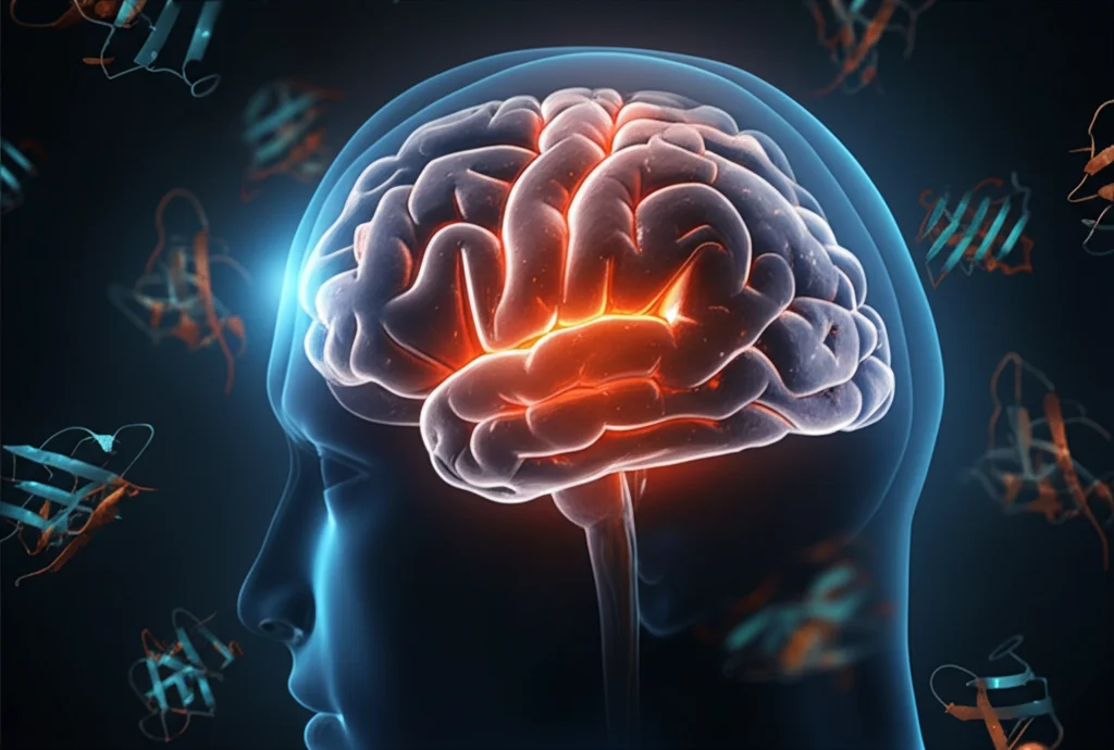 Immagine concettuale fotorealistica del cervello umano sezionato, con aree chiave come l'ippocampo e il giro frontale medio evidenziate da una luce interna. Sovrapposizione di strutture proteiche astratte simili a TDP-43 (filamenti aggrovigliati). Illuminazione drammatica laterale, stile quasi film noir con contrasti forti, obiettivo 35mm, profondità di campo media.