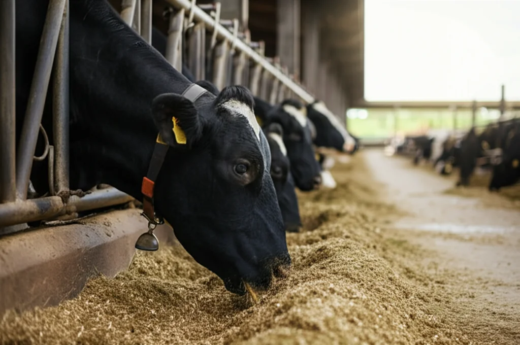 Immagine fotorealistica, ambientazione di una stalla moderna e pulita, obiettivo prime 35mm, una mucca Holstein sana e lucida mangia con appetito da una mangiatoia una razione TMR in cui sono visibili semi di lino interi e macinati, profondità di campo ridotta che mette a fuoco la testa della mucca e il mangime, luce naturale mattutina che filtra dalle finestre.