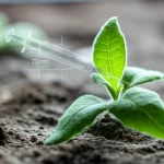 Immagine fotorealistica, obiettivo macro 70mm, che mostra una vibrante piantina di tabacco verde in un ambiente di laboratorio, con una sottile sovrapposizione grafica che suggerisce l'integrazione del DNA e la produzione di vaccini, alto dettaglio, messa a fuoco precisa, illuminazione brillante e ottimistica.