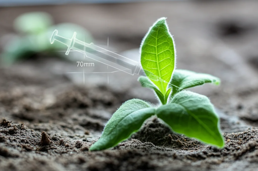 Immagine fotorealistica, obiettivo macro 70mm, che mostra una vibrante piantina di tabacco verde in un ambiente di laboratorio, con una sottile sovrapposizione grafica che suggerisce l'integrazione del DNA e la produzione di vaccini, alto dettaglio, messa a fuoco precisa, illuminazione brillante e ottimistica.