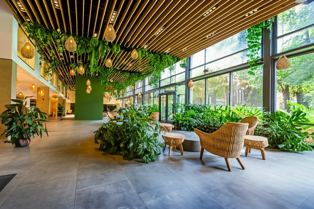 Interno luminoso e moderno di una lobby di green hotel con piante rigogliose, materiali naturali come legno e pietra, luce naturale abbondante che entra da grandi finestre. Obiettivo grandangolare 24mm per mostrare l'ambiente accogliente, ecologico e spazioso.