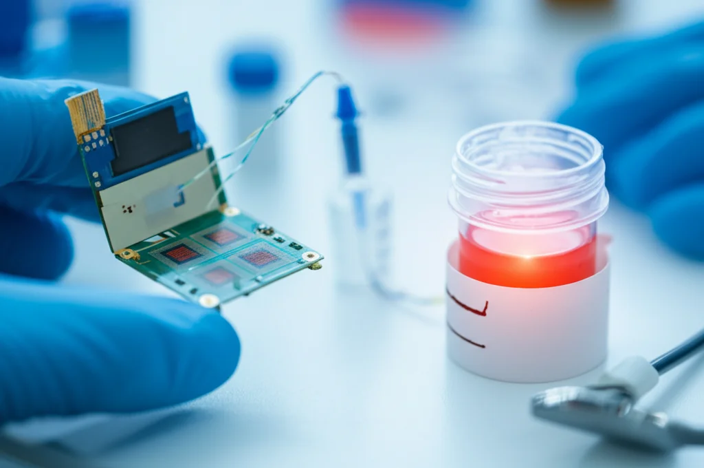 Primo piano di un biosensore high-tech con chip semiconduttori visibili, collegato a un piccolo contenitore di campione di urina, in un ambiente di laboratorio pulito e moderno. Illuminazione controllata, lente macro 90mm per dettagli nitidi.