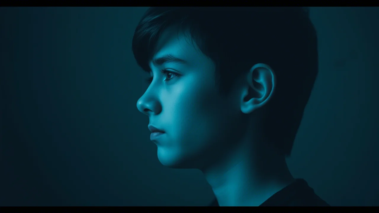 Ritratto fotografico di un adolescente dall'espressione pensierosa e leggermente malinconica, visto di profilo, con luce soffusa che illumina parzialmente il volto creando ombre profonde. Utilizzo di un obiettivo 35mm prime, profondità di campo ridotta per sfocare lo sfondo, stile duotone nei colori blu freddo e grigio neutro per accentuare l'atmosfera introspettiva.