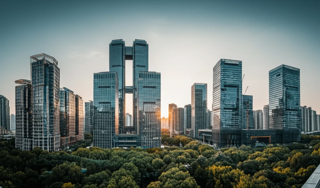 Skyline di una moderna città cinese al tramonto, che mostra un mix di grattacieli illuminati e parchi verdi sottostanti. Landscape wide angle, 18mm, sharp focus, colori caldi del tramonto, simboleggiando il complesso rapporto tra sviluppo urbano, ambiente e salute pubblica (come la tubercolosi).