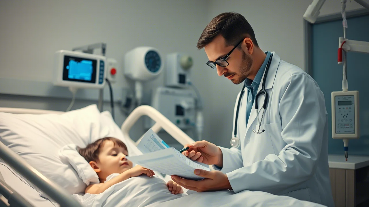 Fotografia realistica e toccante di un medico che esamina attentamente la cartella clinica di un bambino malato in un letto di terapia intensiva pediatrica. Accanto al letto, una pompa per infusione somministra un farmaco (meropenem). L'atmosfera è seria ma speranzosa. Obiettivo 35mm, profondità di campo, illuminazione soffusa da ospedale, alta definizione.