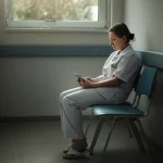 Fotografia stile reportage di un'infermiera seduta da sola su una sedia in un angolo tranquillo di un ospedale, luce soffusa dalla finestra, obiettivo 50mm, profondità di campo che sfoca lo sfondo, espressione pensierosa e stanca che riflette l'esaurimento emotivo e il peso della leadership dispotica.