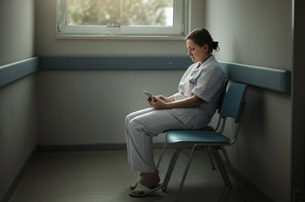 Fotografia stile reportage di un'infermiera seduta da sola su una sedia in un angolo tranquillo di un ospedale, luce soffusa dalla finestra, obiettivo 50mm, profondità di campo che sfoca lo sfondo, espressione pensierosa e stanca che riflette l'esaurimento emotivo e il peso della leadership dispotica.