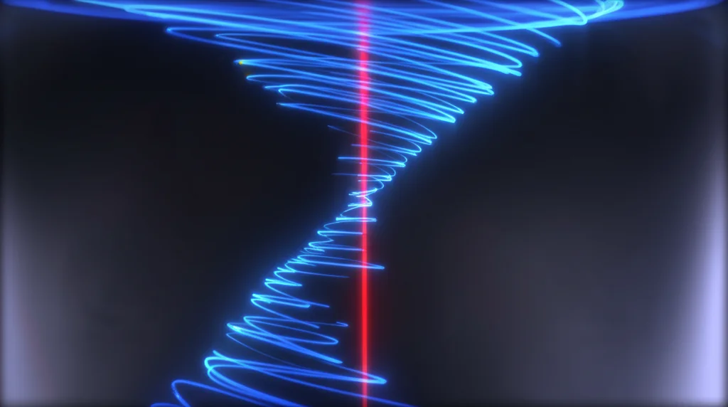 Illustrazione fotorealistica di un anello di vortice elicoidale blu brillante che interagisce con una linea di vortice verticale rossa al centro, all'interno di un fluido trasparente scuro. Effetto macro, focale 85mm, alta definizione, illuminazione controllata per evidenziare le dinamiche di interazione complesse, profondità di campo ridotta che sfoca lo sfondo.