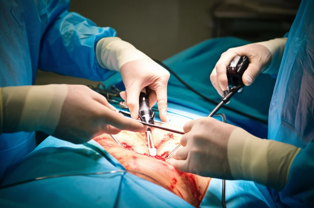 Immagine fotorealistica di una sala operatoria moderna durante un intervento di chirurgia laparoscopica addominale. Focus su un monitor che mostra l'interno dell'addome e sulle mani guantate del chirurgo che manovrano gli strumenti. Luce controllata, dettagli nitidi, obiettivo macro 80mm.
