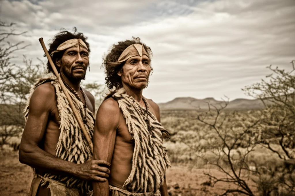 Ricostruzione artistica di cacciatori-raccoglitori della Later Stone Age nell'ambiente semi-arido vicino alla Grotta di Wonderwerk durante l'Olocene, stile portrait photography 35mm, colori caldi ocra e marrone duotone, profondità di campo.