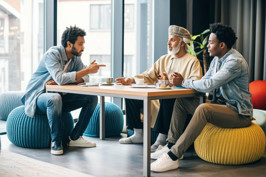 Tre uomini di diverse etnie (rappresentative di India, Oman, Etiopia) seduti attorno a un tavolo basso in un ambiente moderno e luminoso, discutono animatamente ma in modo costruttivo. Uno gesticola, un altro ascolta attento, il terzo sorride. Simboleggia il dialogo interculturale sul benessere maschile. Fotografia di gruppo, obiettivo 50mm, luce naturale diffusa, colori realistici, profondità di campo media che mantiene a fuoco i soggetti ma sfoca leggermente lo sfondo.