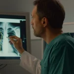 Un radiologo esperto e uno specializzando osservano insieme una radiografia toracica su uno schermo luminoso, con sovrapposte delle linee digitali che rappresentano i tracciati oculari (scanpath), obiettivo 35mm, stile documentaristico, luce ambientale morbida, profondità di campo media che mantiene a fuoco entrambi i soggetti e lo schermo.