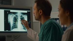 Un radiologo esperto e uno specializzando osservano insieme una radiografia toracica su uno schermo luminoso, con sovrapposte delle linee digitali che rappresentano i tracciati oculari (scanpath), obiettivo 35mm, stile documentaristico, luce ambientale morbida, profondità di campo media che mantiene a fuoco entrambi i soggetti e lo schermo.
