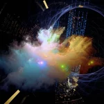 Visualizzazione artistica di un sistema caotico 4D con elementi trascendentali, spirali luminose intrecciate e forme geometriche complesse fluttuanti nello spazio profondo, concetto di complessità matematica e sicurezza dei dati, colori vibranti come blu elettrico, viola e oro su sfondo nero, alta risoluzione.