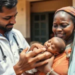 Foto grandangolare, molto realistica e luminosa, che mostra un operatore sanitario (uomo o donna, etnia locale indiana, malawiana o tanzaniana) mentre esamina con delicatezza un neonato moderatamente sottopeso tenuto in braccio dalla madre. La scena si svolge all'esterno o vicino a una semplice struttura sanitaria in un contesto rurale o semi-urbano di un paese a basso reddito. Luce naturale, cielo sereno sullo sfondo. Keywords: wide-angle, 10-24mm, sharp focus, natural light, hopeful, healthcare worker, mother and child, MLBW infant, LMIC setting, clinic.