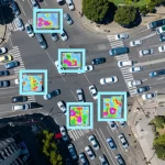Fotografia aerea realistica scattata da un drone a circa 25 metri di altezza, che inquadra un incrocio urbano con traffico vario (auto, bus, biciclette). Obiettivo grandangolare 15mm, messa a fuoco nitida su tutta la scena, luce solare pomeridiana che crea ombre definite. Sovrapposte all'immagine ci sono delle bounding box digitali luminose e delle leggere heatmap (simili a quelle di EigenCAM) che evidenziano le aree di attivazione dell'IA sugli oggetti rilevati, illustrando il concetto di XAI applicato.