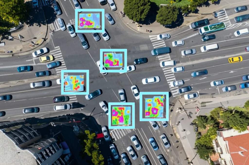 Fotografia aerea realistica scattata da un drone a circa 25 metri di altezza, che inquadra un incrocio urbano con traffico vario (auto, bus, biciclette). Obiettivo grandangolare 15mm, messa a fuoco nitida su tutta la scena, luce solare pomeridiana che crea ombre definite. Sovrapposte all'immagine ci sono delle bounding box digitali luminose e delle leggere heatmap (simili a quelle di EigenCAM) che evidenziano le aree di attivazione dell'IA sugli oggetti rilevati, illustrando il concetto di XAI applicato.