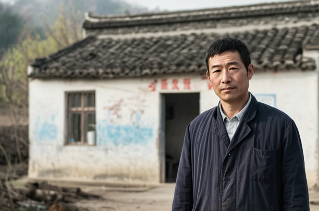Fotografia realistica in stile ritratto di un medico di villaggio cinese di mezza età, in piedi davanti alla sua modesta clinica rurale. Sguardo empatico ma stanco, luce del tardo pomeriggio, obiettivo prime 50mm, profondità di campo che sfoca leggermente lo sfondo, bianco e nero con toni seppia per un'atmosfera riflessiva.