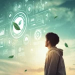 Immagine concettuale che rappresenta il benessere della Generazione Z: un giovane guarda verso un futuro luminoso mentre elementi digitali (icone social stilizzate) e naturali (foglie verdi) si fondono armoniosamente intorno a lui/lei. Obiettivo prime 50mm, stile cinematografico con profondità di campo, luce soffusa e calda che simboleggia speranza, duotono leggero (verde acqua e pesca).