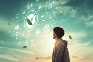 Immagine concettuale che rappresenta il benessere della Generazione Z: un giovane guarda verso un futuro luminoso mentre elementi digitali (icone social stilizzate) e naturali (foglie verdi) si fondono armoniosamente intorno a lui/lei. Obiettivo prime 50mm, stile cinematografico con profondità di campo, luce soffusa e calda che simboleggia speranza, duotono leggero (verde acqua e pesca).