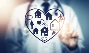 Immagine concettuale che rappresenta la cardiologia pediatrica e i determinanti sociali della salute: un disegno stilizzato di un cuore con all'interno case e simboli comunitari, su uno sfondo medico sfocato. Obiettivo 35mm, colori caldi e freddi in duotono (es. blu e arancione), profondità di campo.