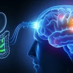 Immagine concettuale fotorealistica dell'asse intestino-cervello: un lato mostra un intestino sano stilizzato con batteri probiotici luminosi (verdi e blu), l'altro un cervello umano calmo e sano con aree attive luminose, collegati da percorsi neurali simili a fibre ottiche brillanti. Obiettivo 50mm, profondità di campo che sfoca leggermente lo sfondo, illuminazione soffusa e calda che enfatizza la connessione biologica.
