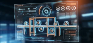 Immagine concettuale fotorealistica: una linea di produzione fisica stilizzata (es. galvanica) che si fonde perfettamente con la sua rappresentazione digitale (gemello digitale) su uno schermo trasparente, ingranaggi che si incastrano tra reale e virtuale, illuminazione high-tech, obiettivo 50mm, profondità di campo, colori complementari come blu industriale e arancione digitale.