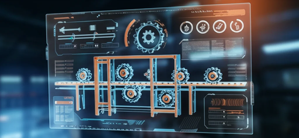 Immagine concettuale fotorealistica: una linea di produzione fisica stilizzata (es. galvanica) che si fonde perfettamente con la sua rappresentazione digitale (gemello digitale) su uno schermo trasparente, ingranaggi che si incastrano tra reale e virtuale, illuminazione high-tech, obiettivo 50mm, profondità di campo, colori complementari come blu industriale e arancione digitale.